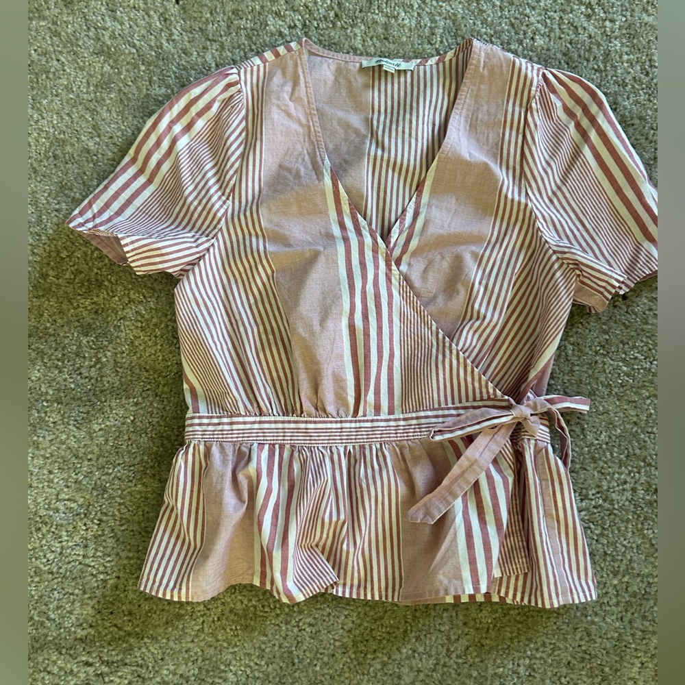 🌟Madewell Striped Wrap Peplum Top - Blush and White